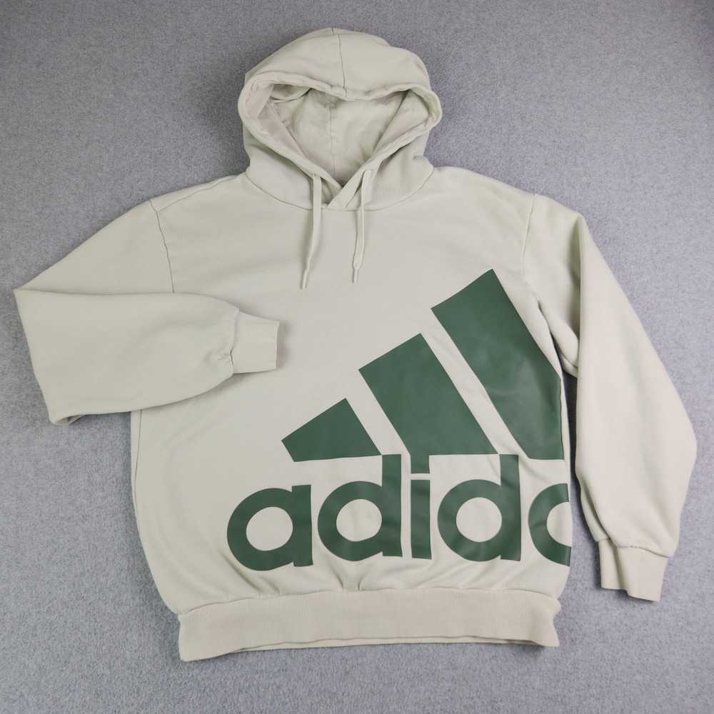 Adidas Hoodie Mens Small Beige Fleece Lined Rib Hem & Cuff Essentials Big Logo